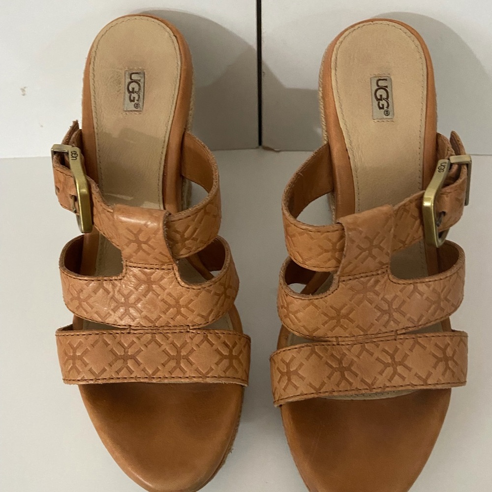 UGG Tawnie Leather Slip on Open Toe Wedges Espadrille Women's Strappy Sandals